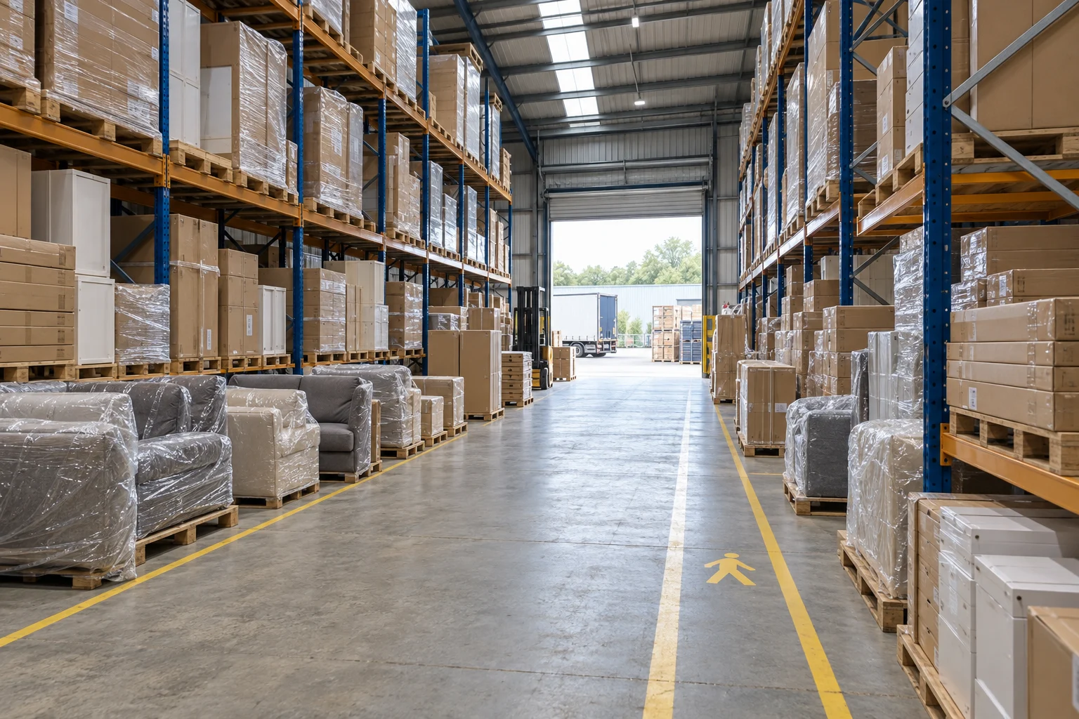 Illustrative furniture warehouse and distribution scene